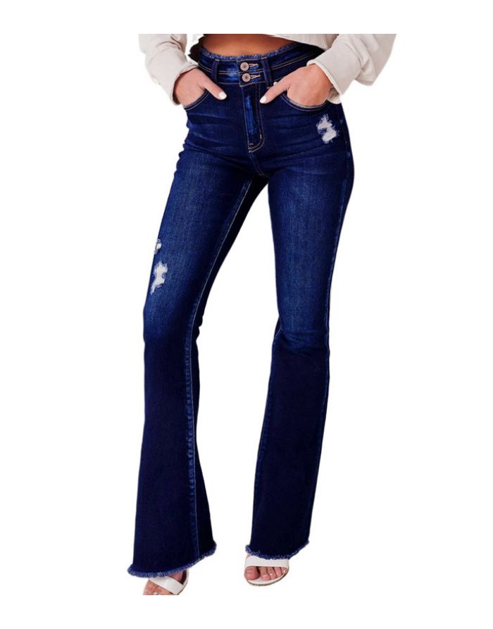 Women Spring New Ripped Jeans Two Buttons High Waisted Slim Fit Bell-bottomed Trousers Pants